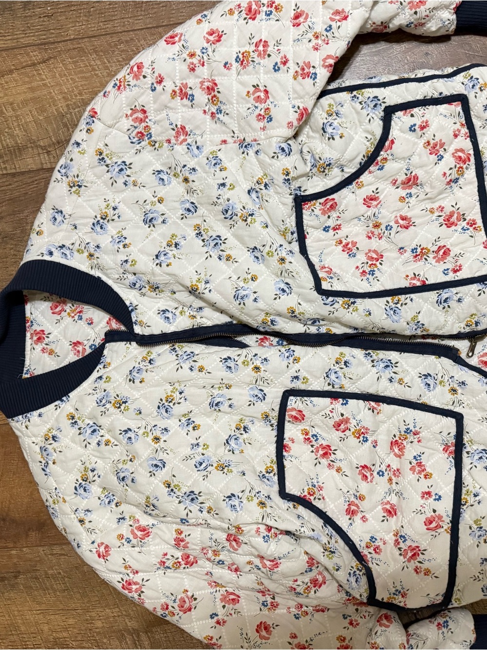 Women’s' Quilted Floral Jacket in White with Navy Trim